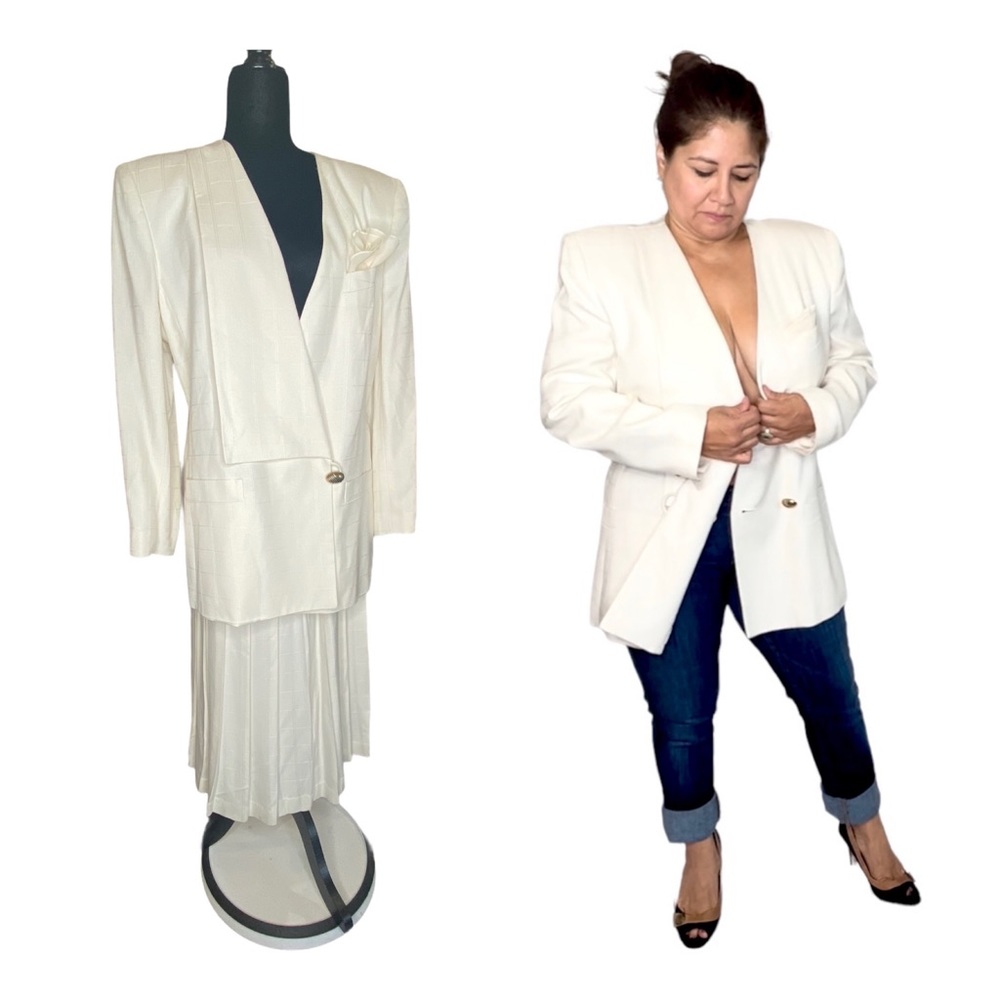Kasper for A.S.L. A-line MIDI Skirt Suit 90s Vintage Ivory Skirt Suit
